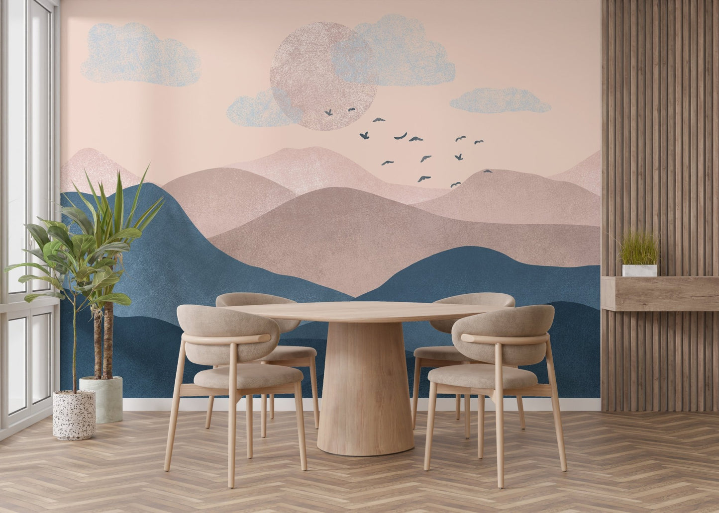 Pastel-colored mountain mural for tranquil dining room interiors.
