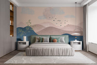 Dreamy pastel mountain shades mural for cozy bedroom walls.