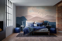 Gentle pastel mountain shades mural for peaceful bedroom spaces.
