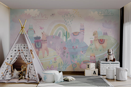 Soft purple and yellow alpaca wall mural with rainbow and cloud art visuals.