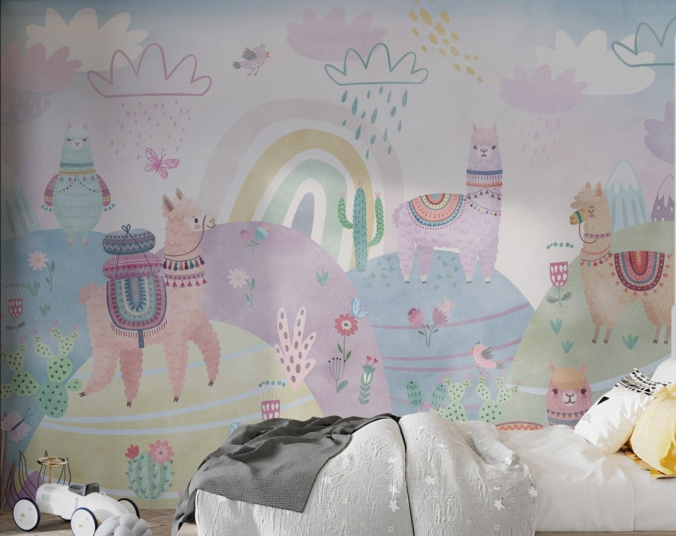 Rainbow and alpaca wall mural in soft blue and pink shades for kids bedroom.