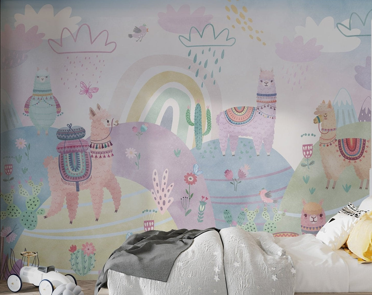 Rainbow and alpaca wall mural in soft blue and pink shades for kids bedroom.