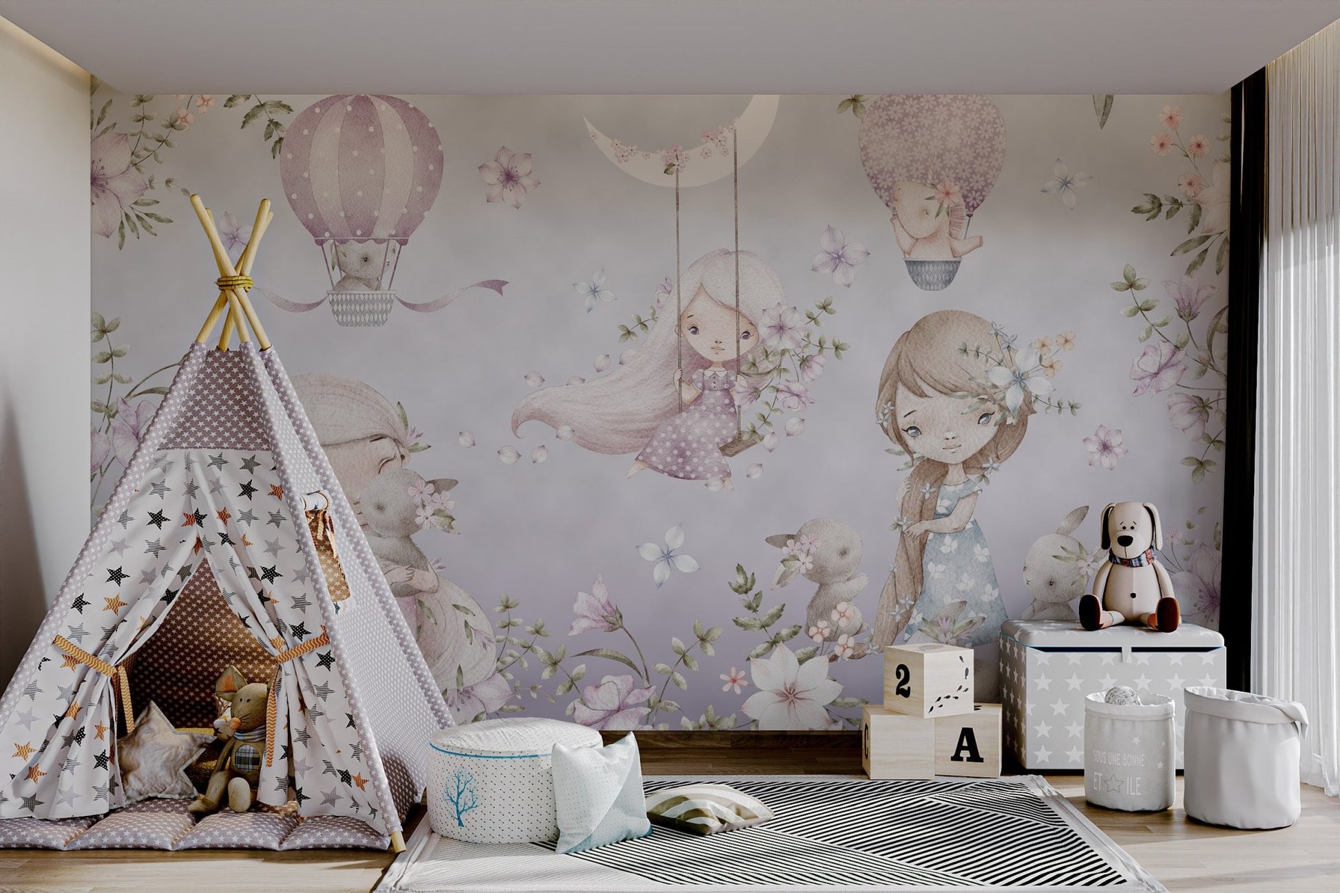 Delicate floral wall mural with bunnies, girls, and soft lavender shades.