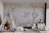 Delicate floral wall mural with bunnies, girls, and soft lavender shades.