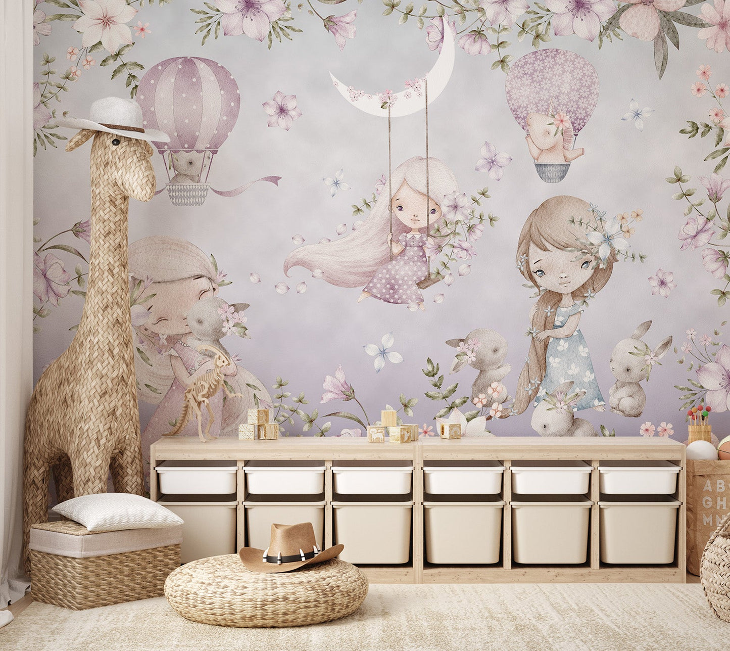Cartoon girl in blue dress with bunnies on floral wall mural