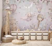 Cartoon girl in blue dress with bunnies on floral wall mural