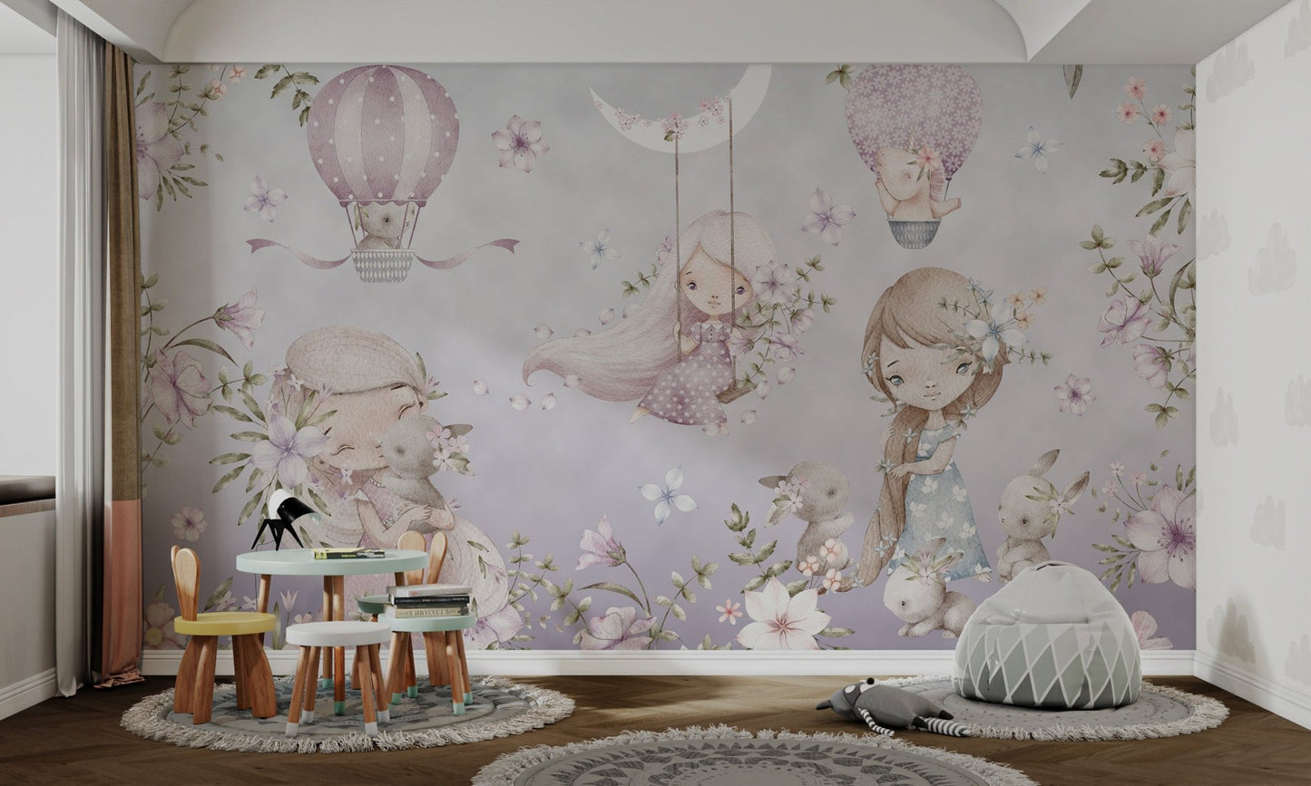 Girls and bunnies with hot air balloons on purple floral wall mural in study area