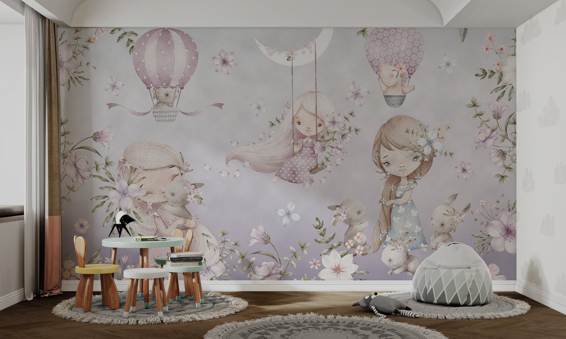 Girls and bunnies with hot air balloons on purple floral wall mural in study area