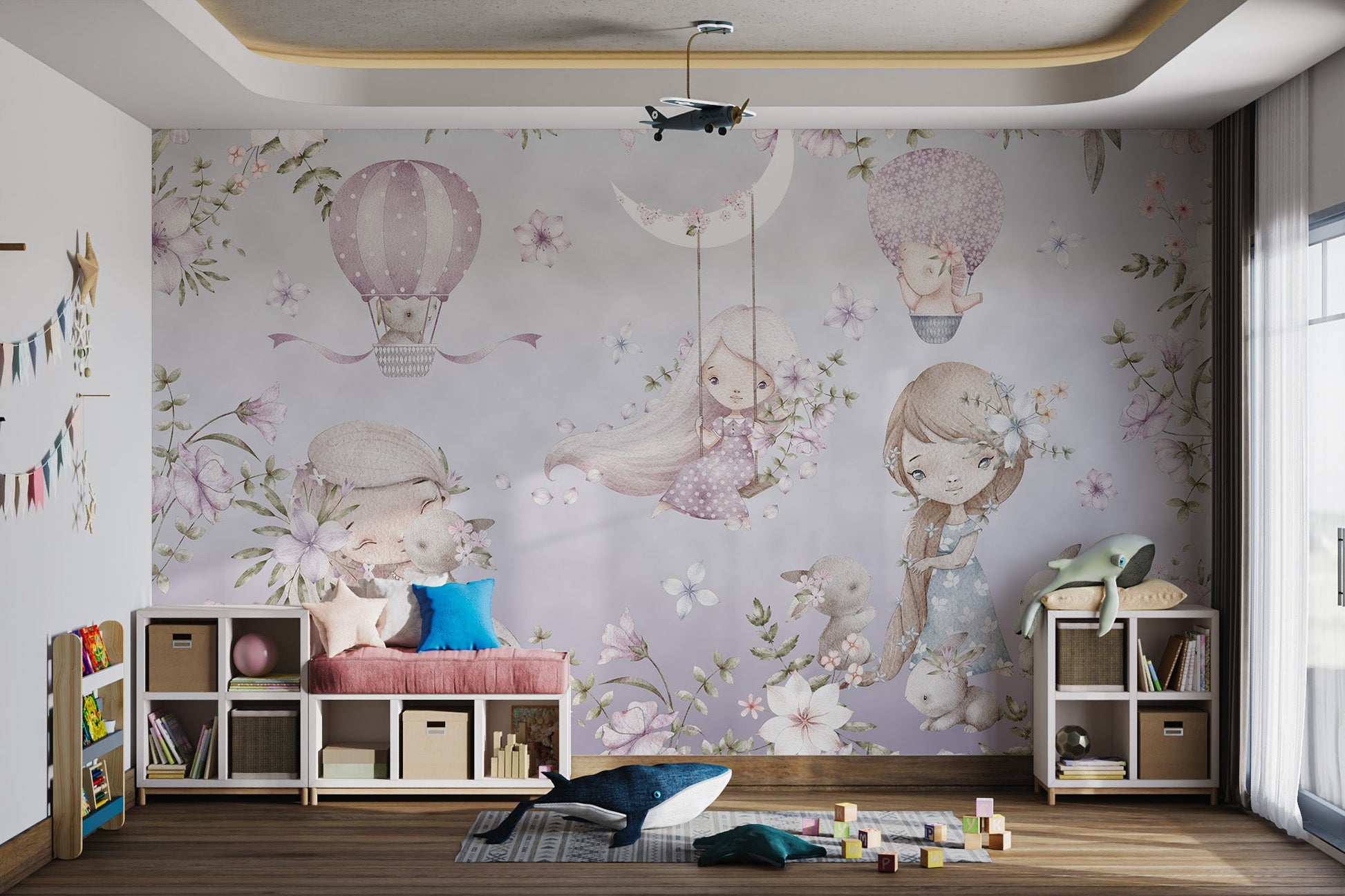 Soft pastel wall mural featuring girls, , and hot air balloon in sunlit playroom.