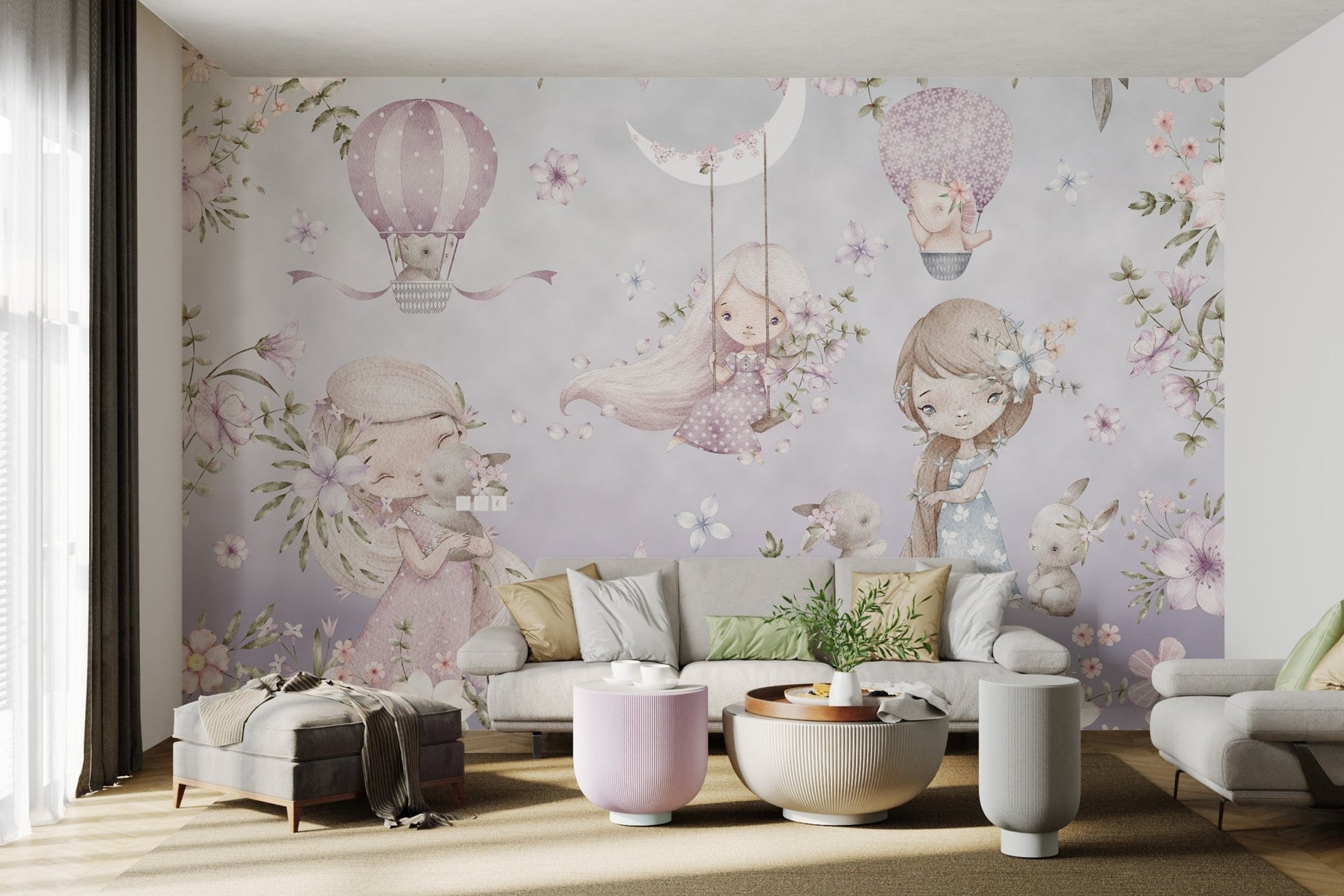 Whimsical girl with long hair and flowers wall mural in living room.