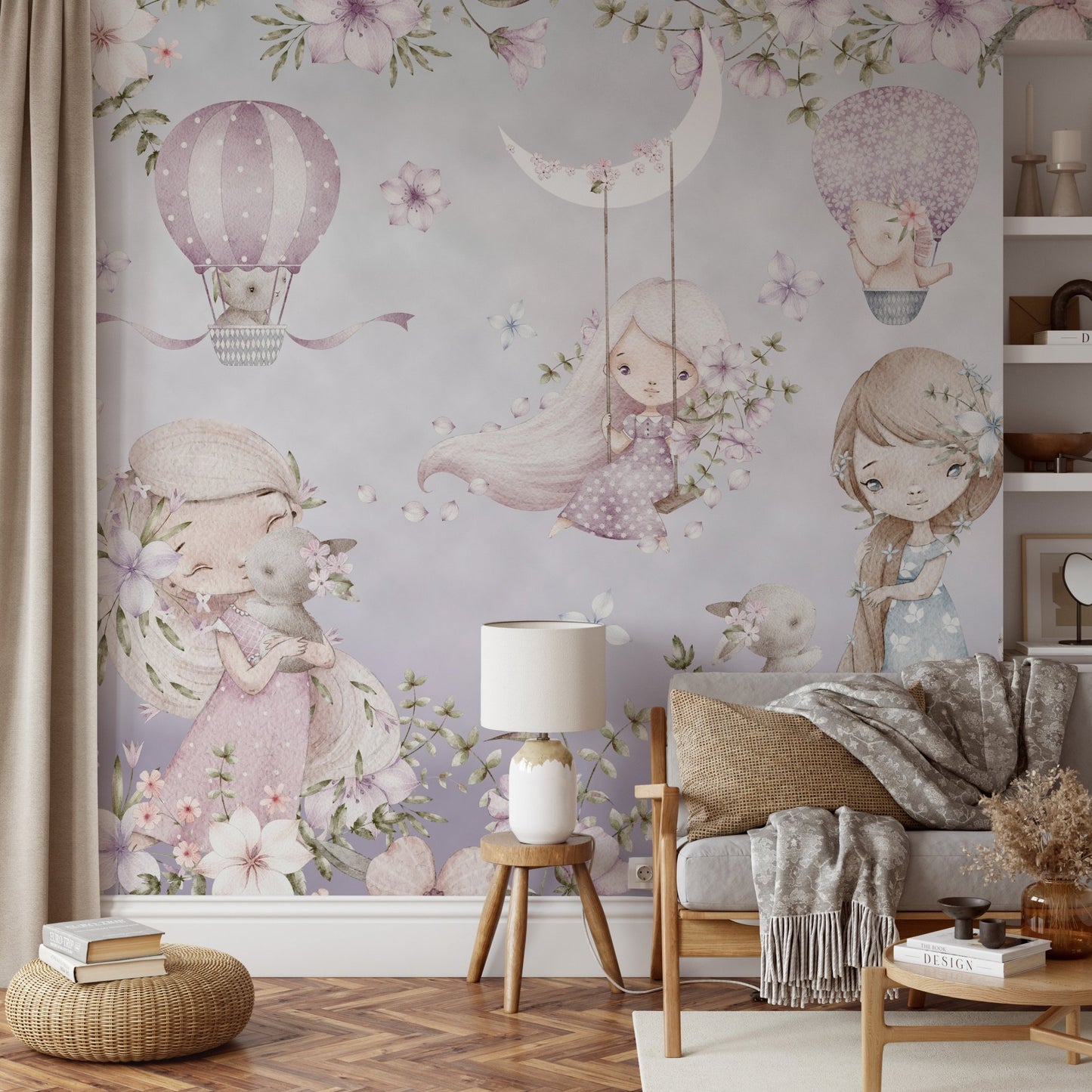 Enchanting wall mural with girls, animals and flowers in pastel tones.