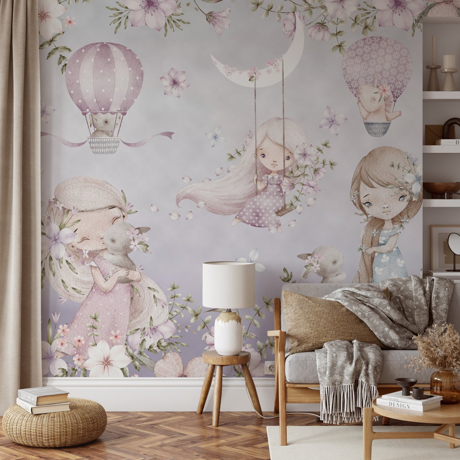 Enchanting wall mural with girls, animals and flowers in pastel tones.
