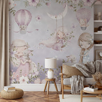Enchanting wall mural with girls, animals and flowers in pastel tones.