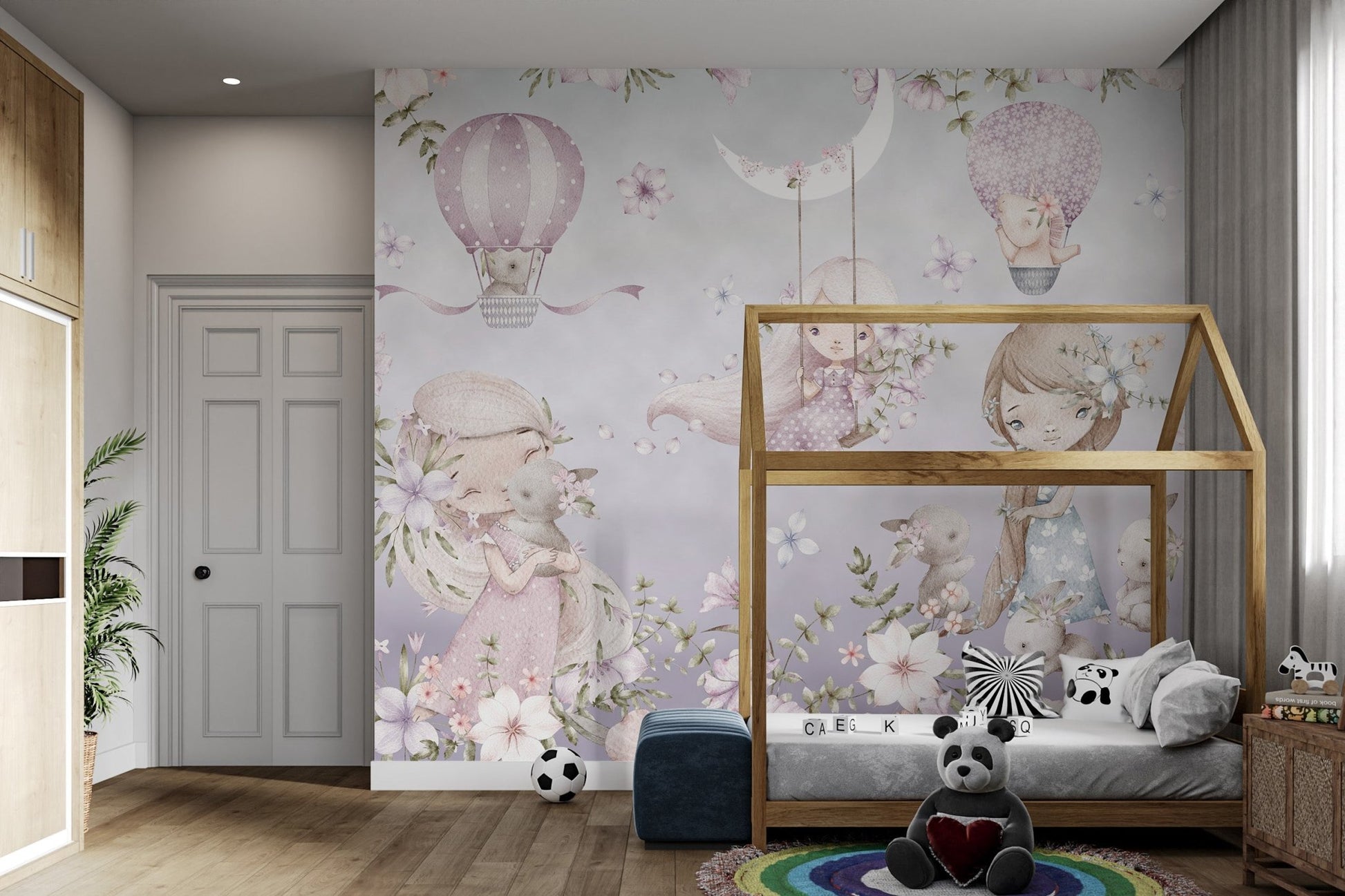 Lavender and lilac floral patterns wall mural for kids bedroom.