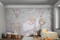 Hot air balloon and crescent moon illustration on purple wall mural.