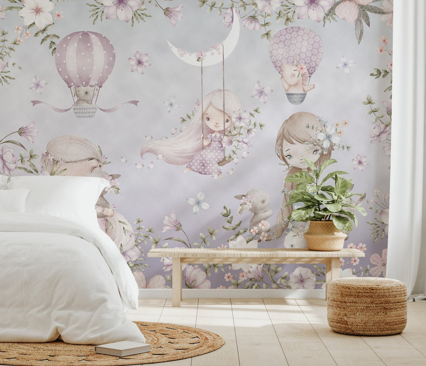 Soft pink floral wall mural featuring girls on swings, bunnies, and balloons.