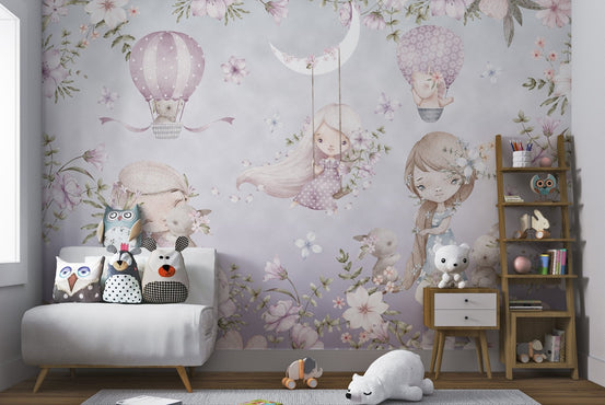 Pastel wall mural with girls, animals, flowers, and balloons for kids room.