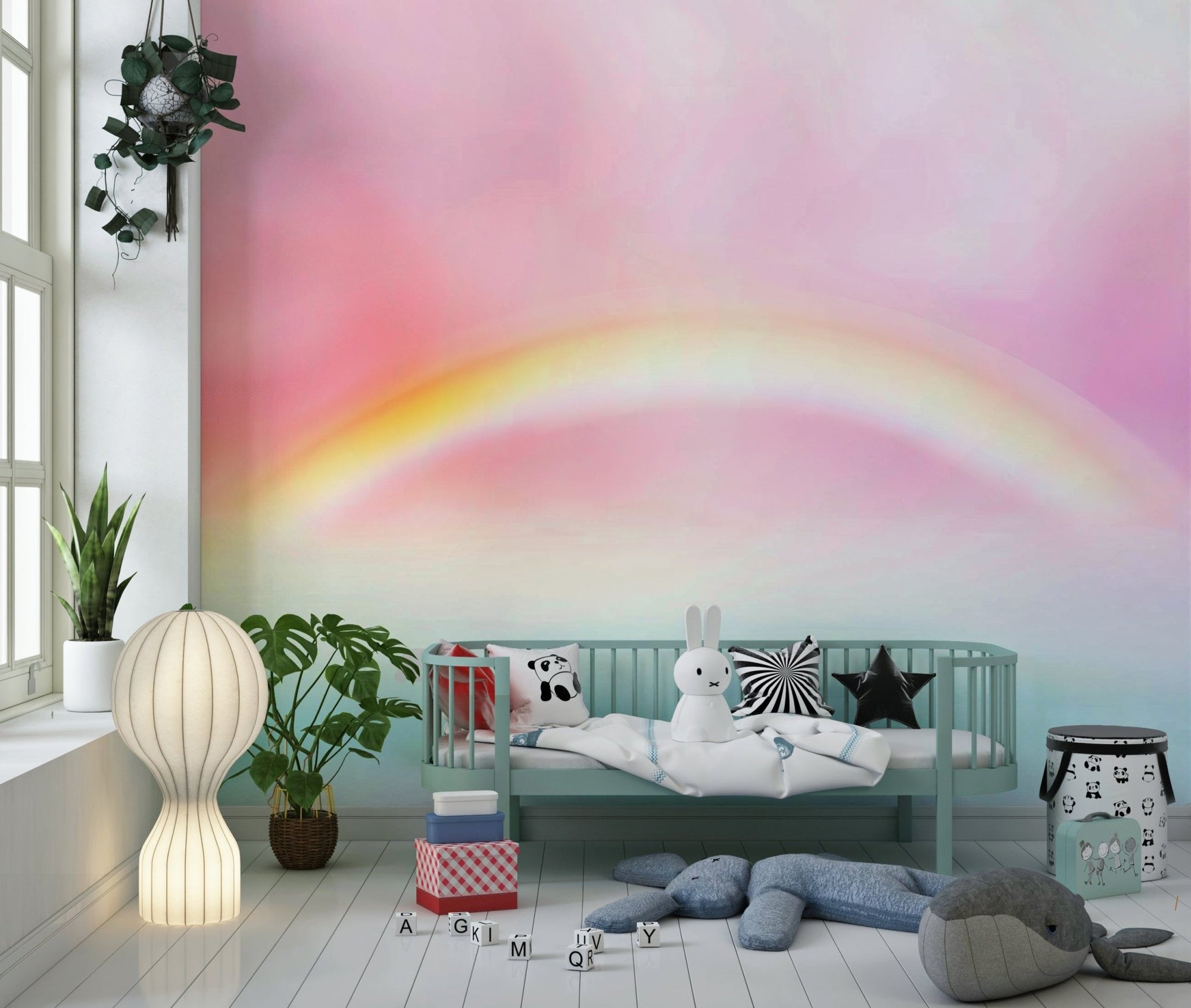 Soft pastel rainbow dreams wall mural with watercolor clouds.