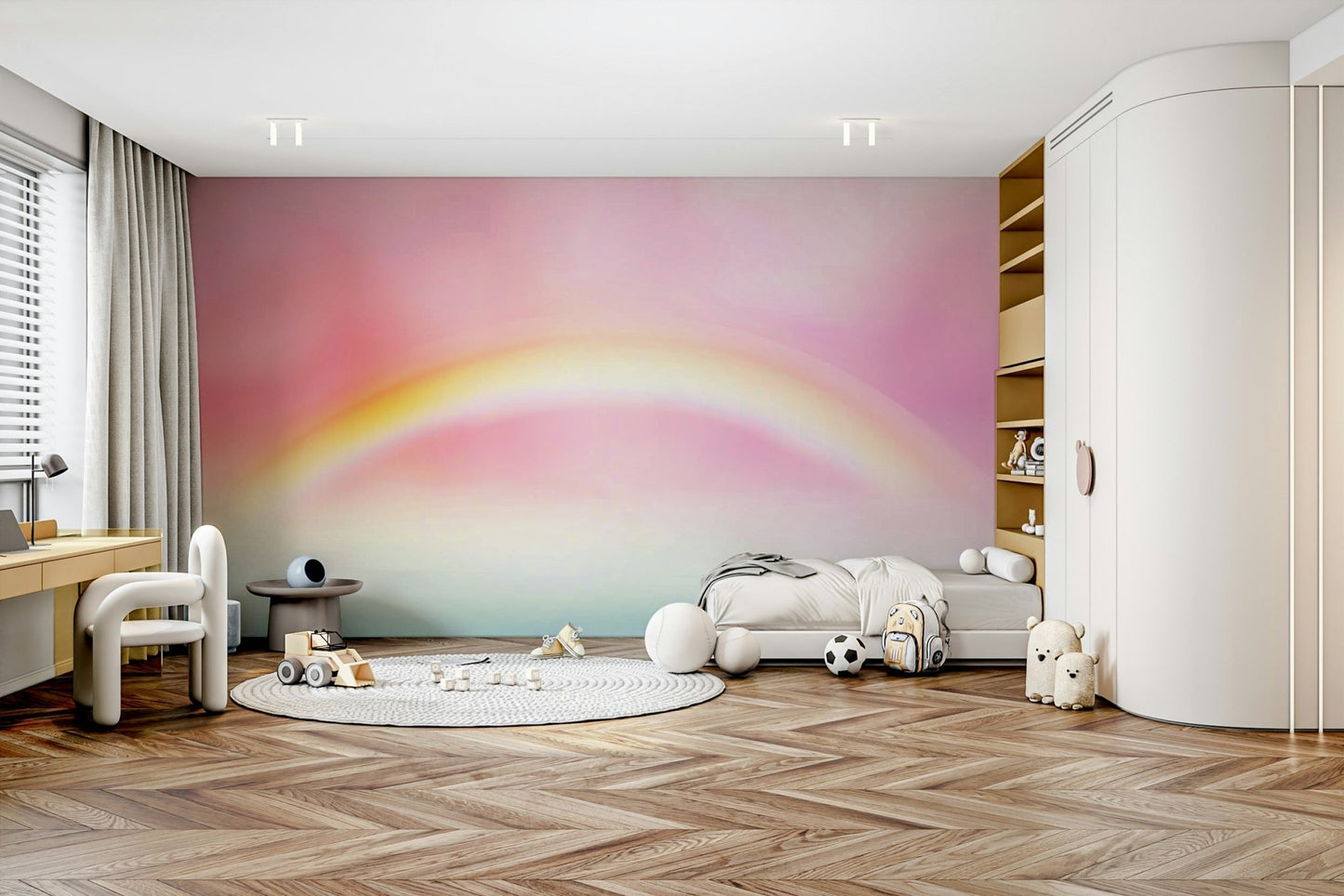 Pastel rainbow dreams wall mural with soft yellow highlights.