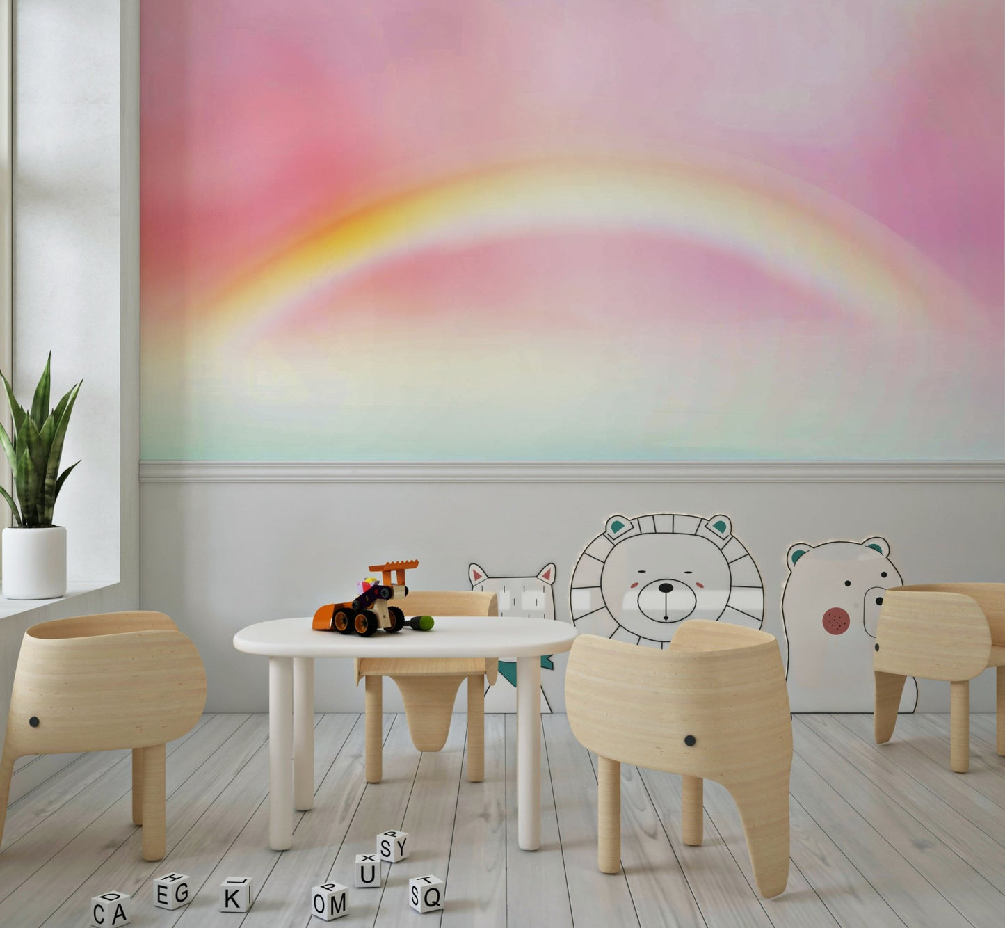 Subtle arches on a pastel rainbow dreams wall mural design.
