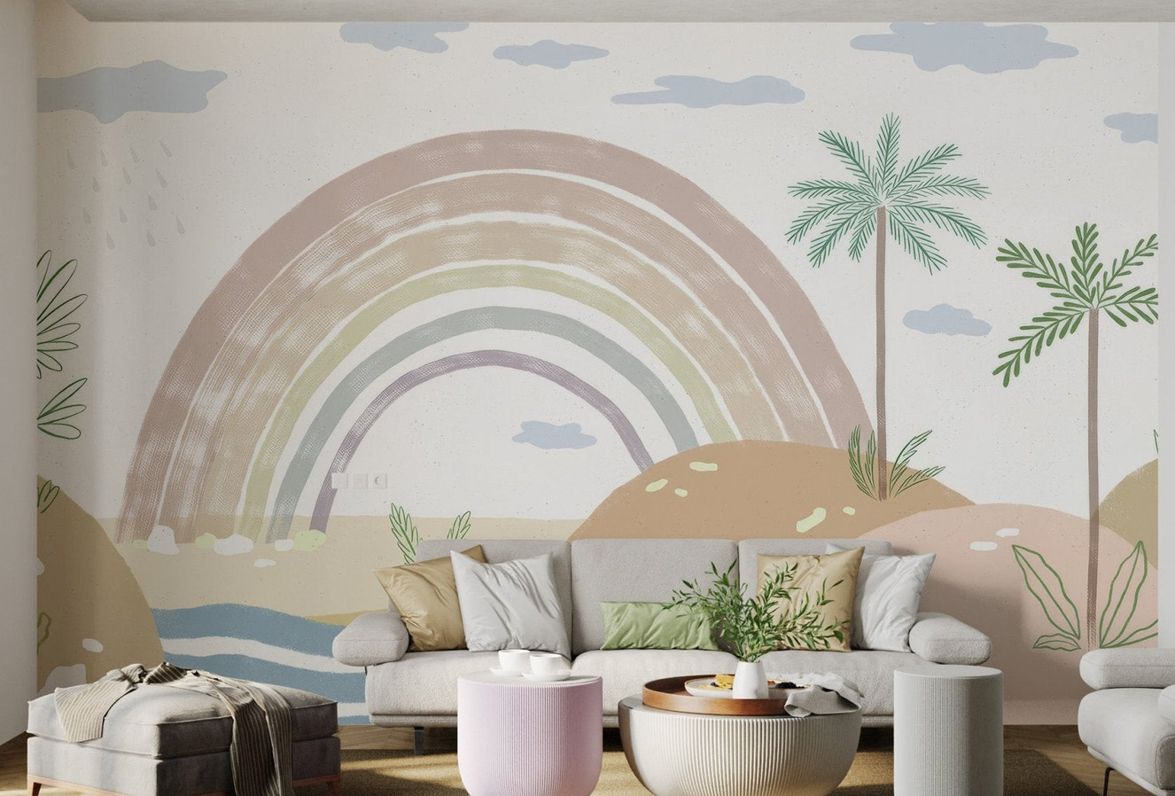 Scandi style rainbow wall mural for child-friendly living spaces.