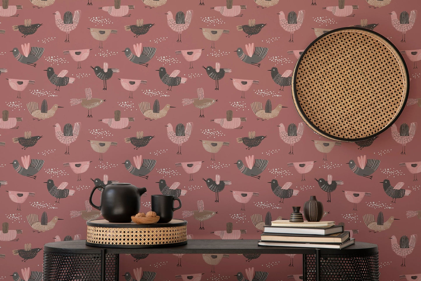 Pastel Seamless Pattern Hand Drawn Birds Dark Pink Wallpaper for a study or office.