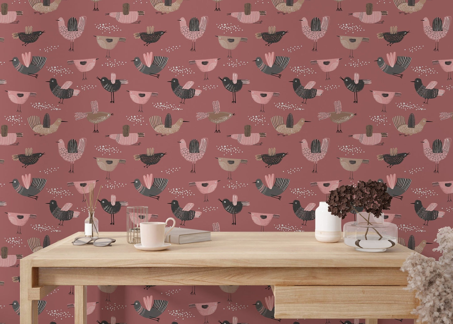 Whimsical hand-drawn birds wallpaper with pink backdrop in study sapce.