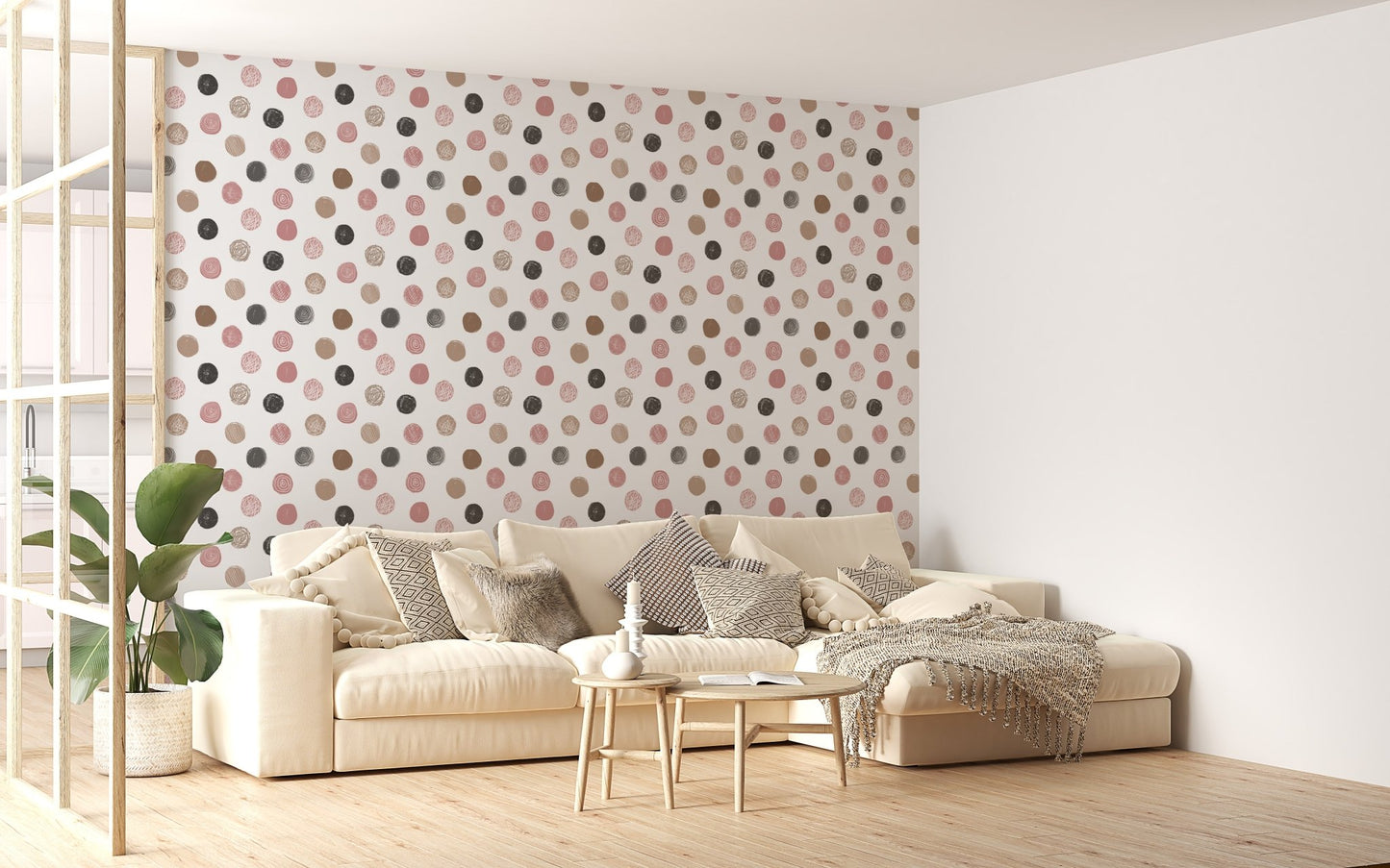 Scandinavian style chair next to a pastel polka dot wallpaper for feature walls
