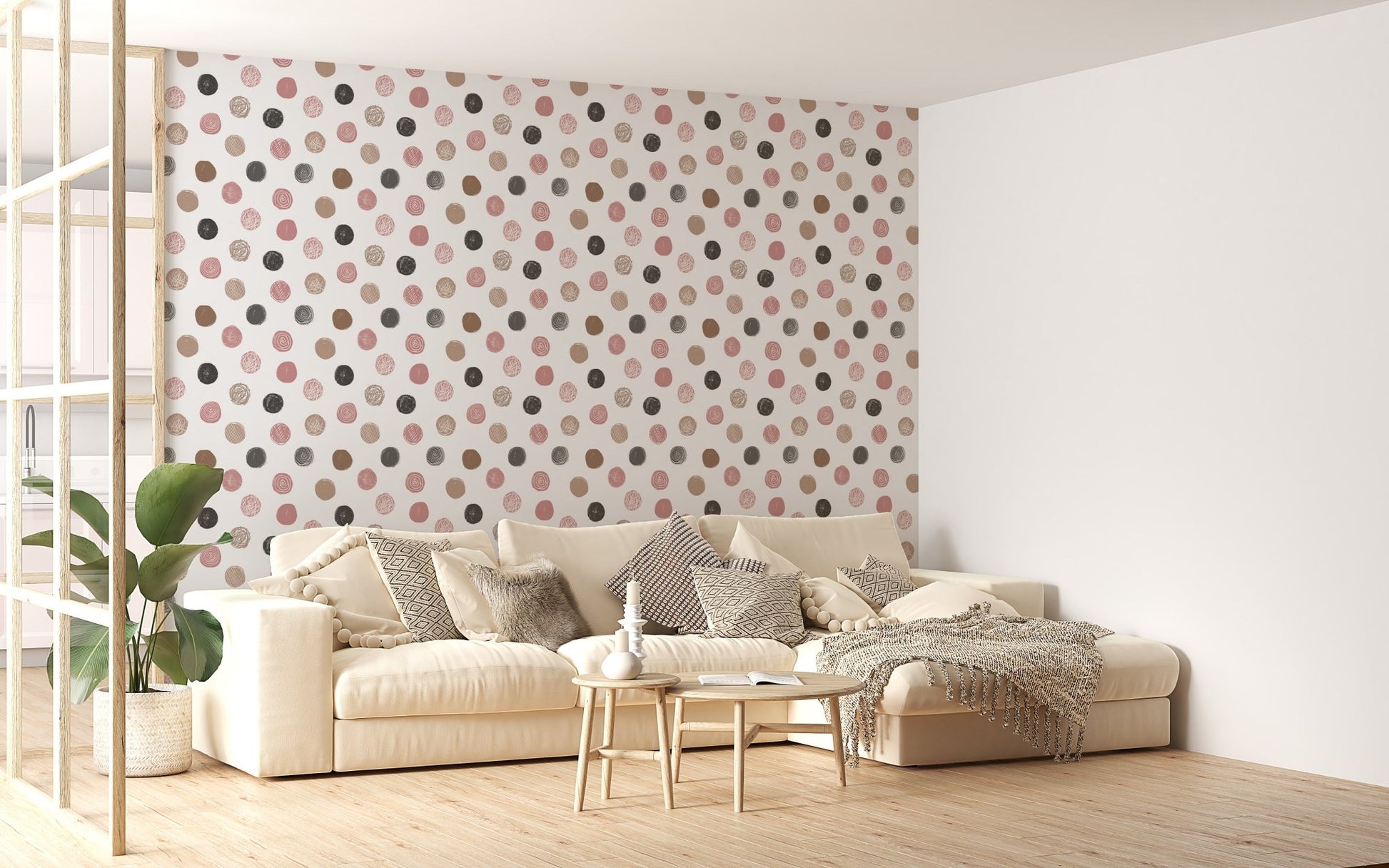 Scandinavian style chair next to a pastel polka dot wallpaper for feature walls