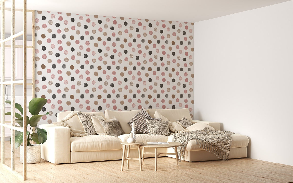 Scandinavian style chair next to a pastel polka dot wallpaper for feature walls