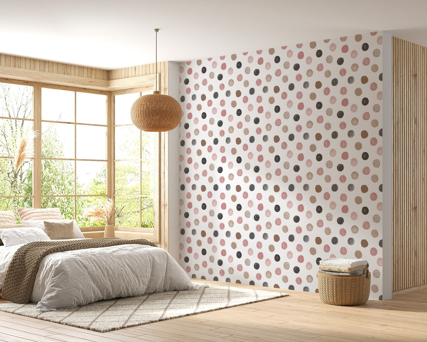 Contemporary bedroom area with a neutral polka dot wallpaper design.