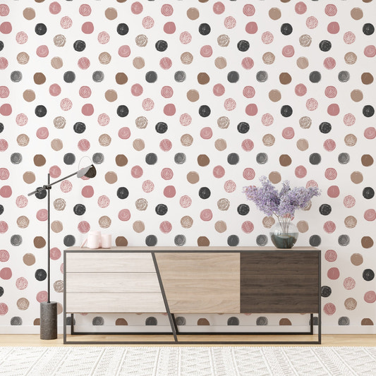 Modern sideboard against Pastel Seamless Pattern Polka Dots White Wallpaper.