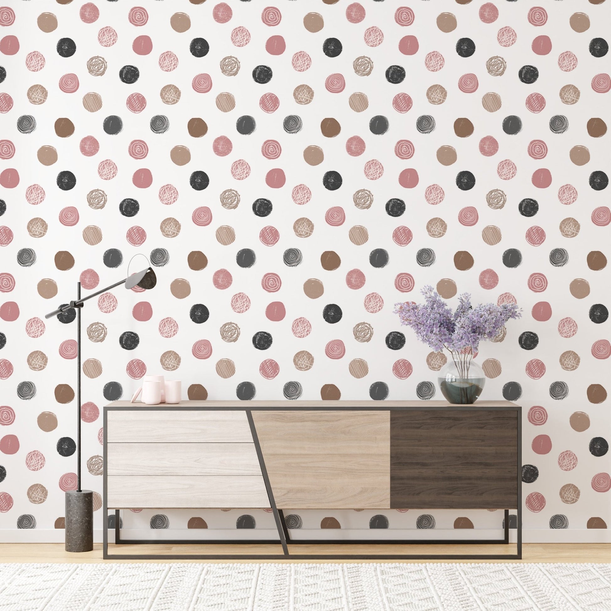 Modern sideboard against Pastel Seamless Pattern Polka Dots White Wallpaper.
