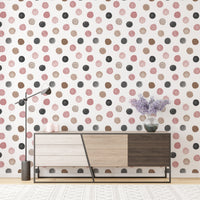 Modern sideboard against Pastel Seamless Pattern Polka Dots White Wallpaper.