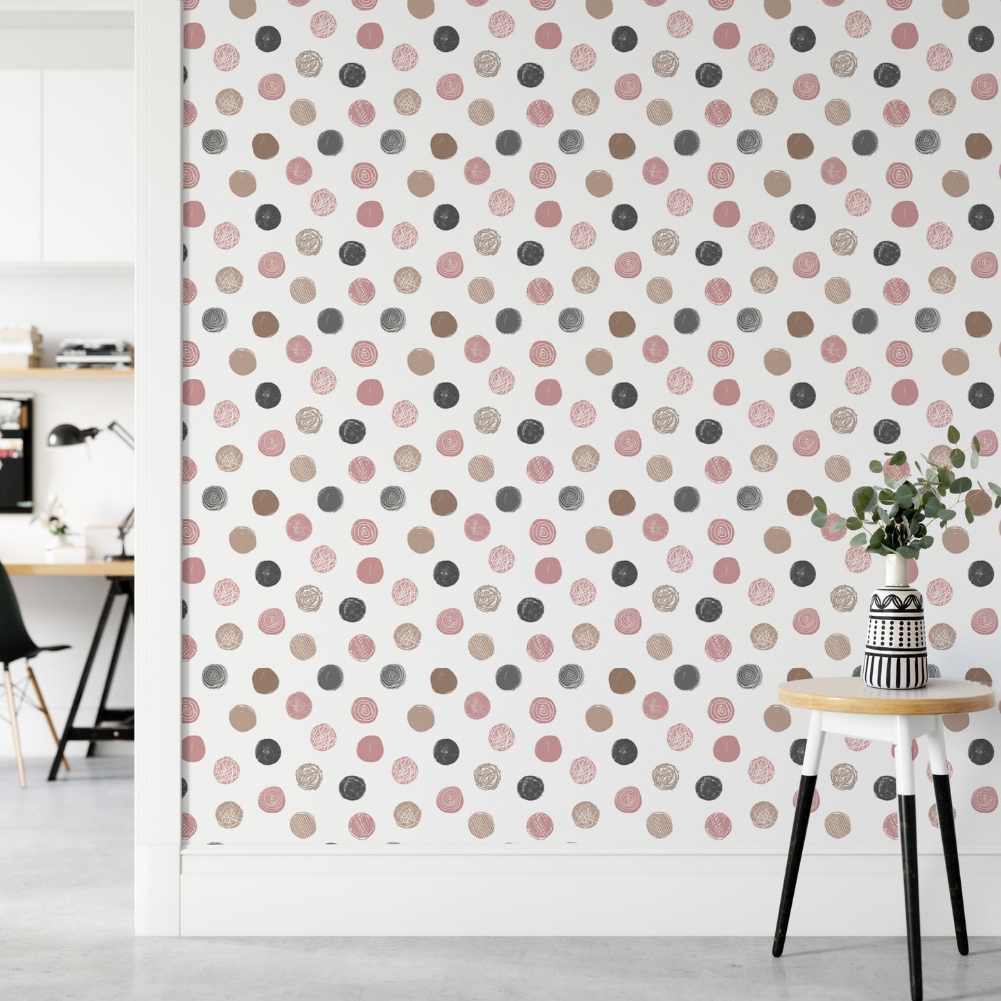 Apartment entryway featuring a matte finish dot pattern wallpaper.
