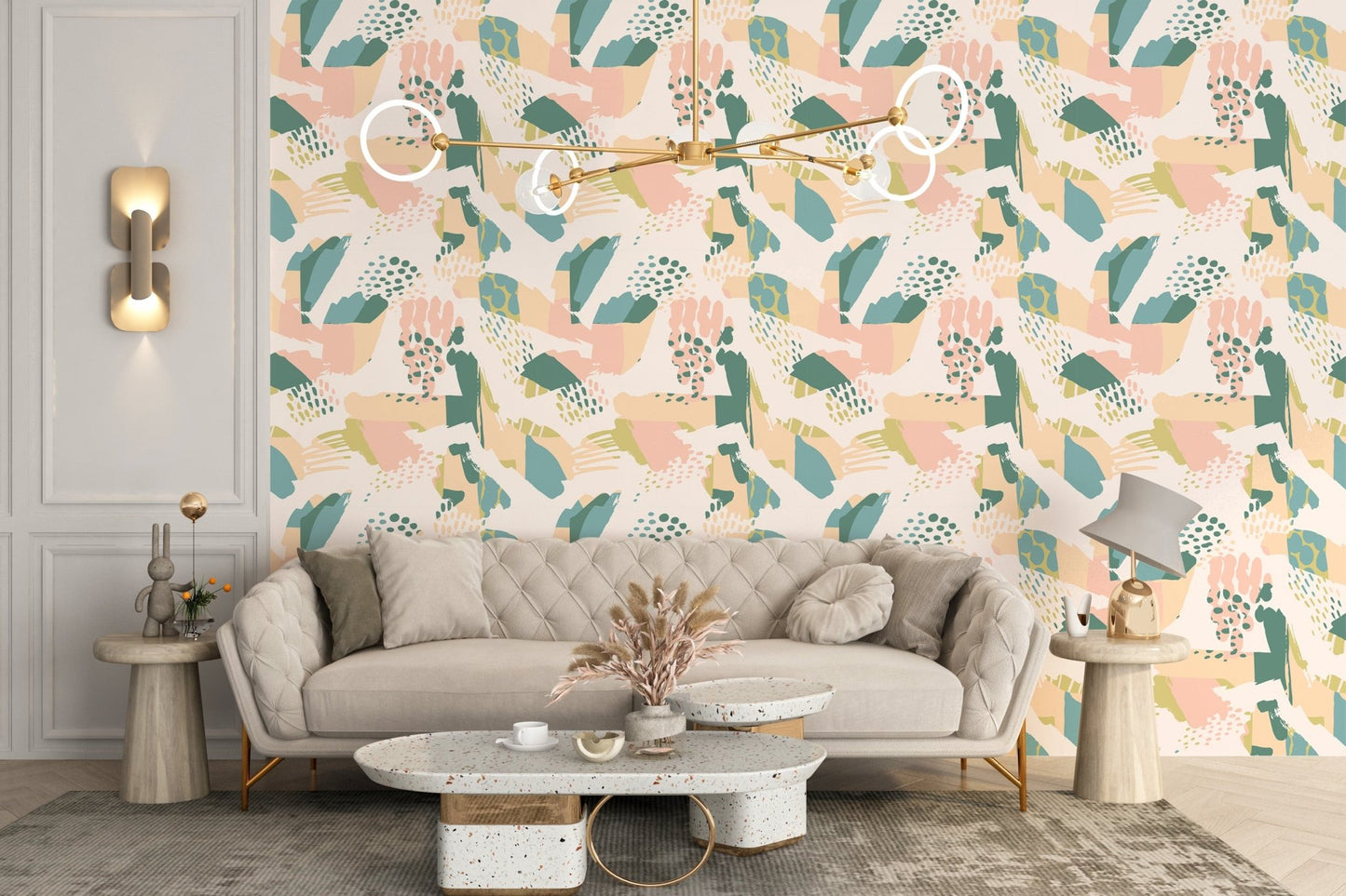 Floral pattern wallpaper in a lounge with a beige tufted couch.