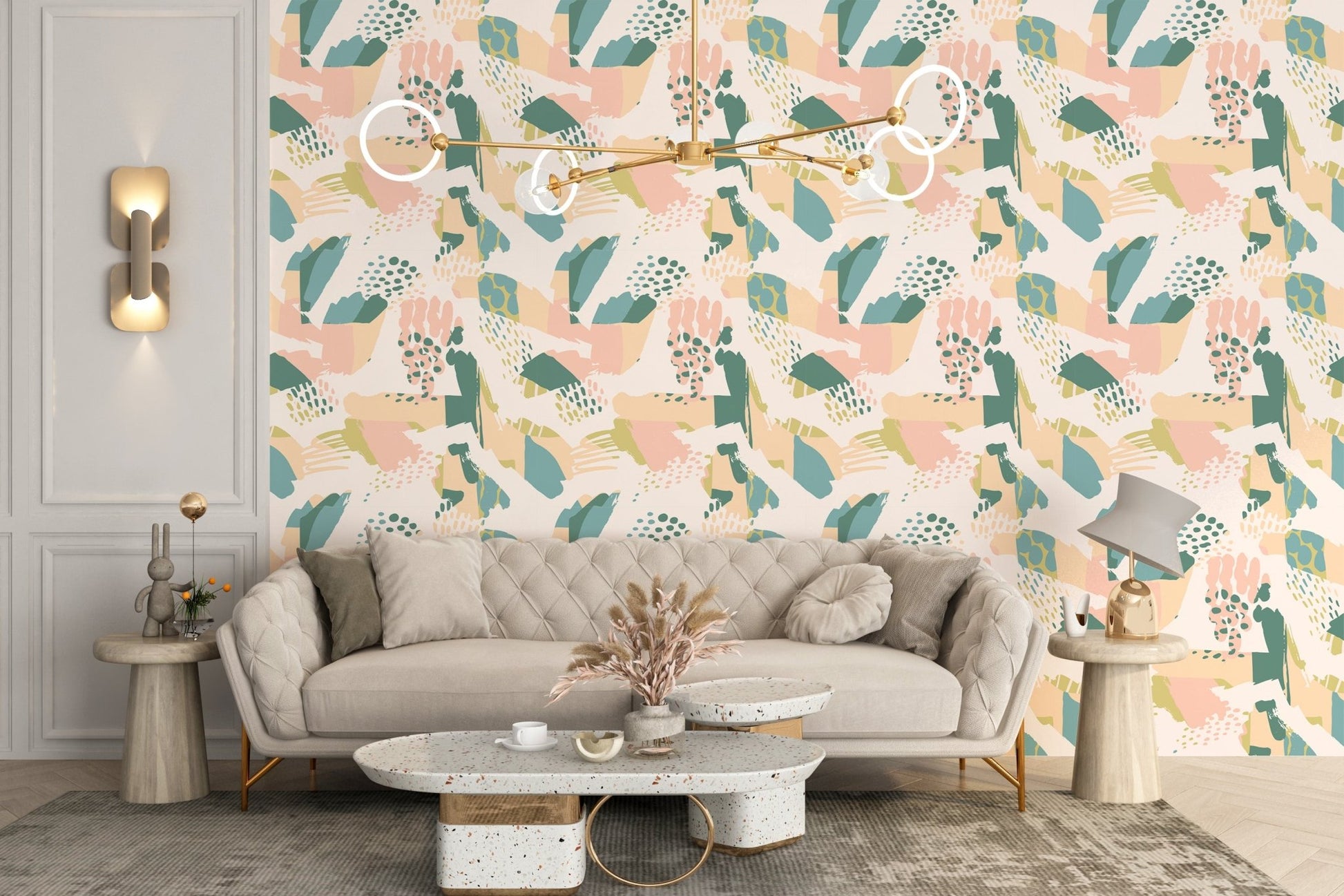 Floral pattern wallpaper in a lounge with a beige tufted couch.