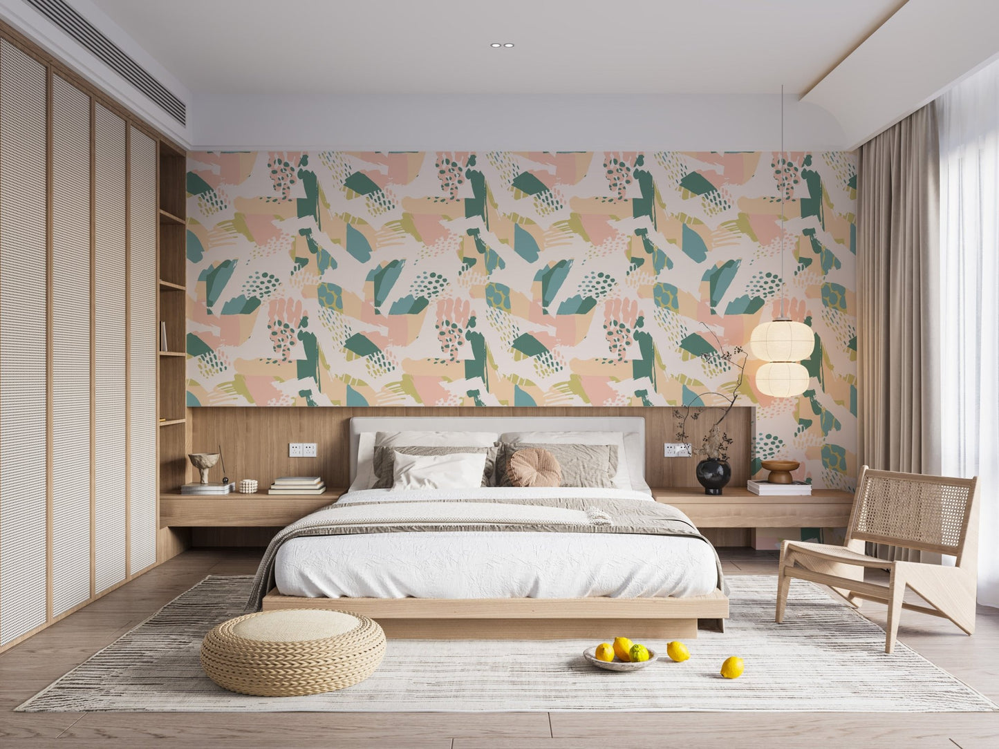 Pastel Seamless Pattern Wallpaper in a bedroom with a wooden bed frame.