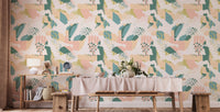 Pastel Seamless Pattern Wallpaper in a dining room with wooden furniture.