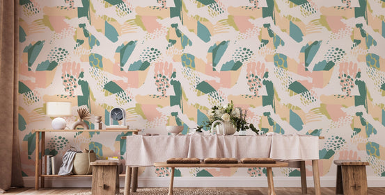 Pastel Seamless Pattern Wallpaper in a dining room with wooden furniture.