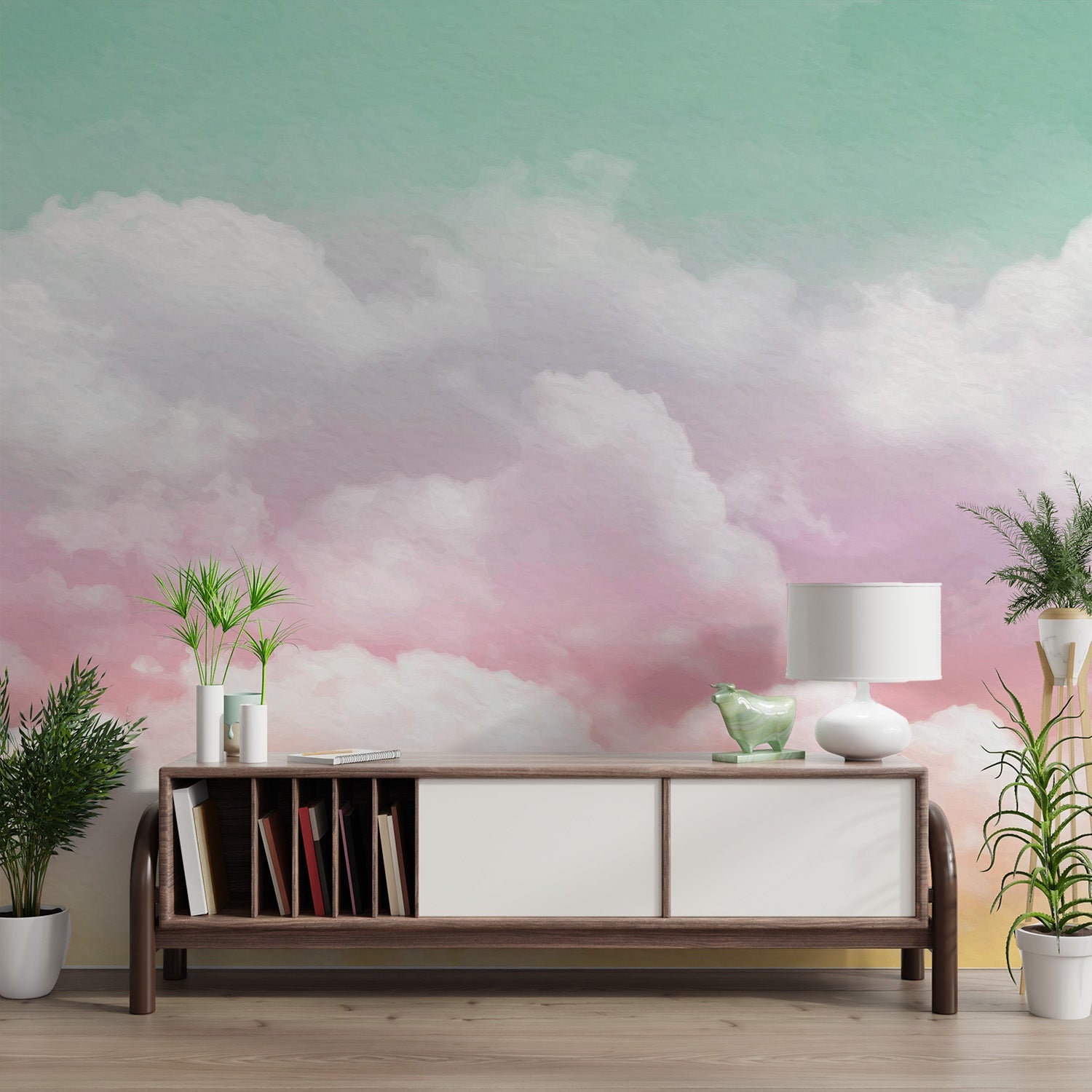 Minimalist cloud wall mural for a bright and open interior feel.