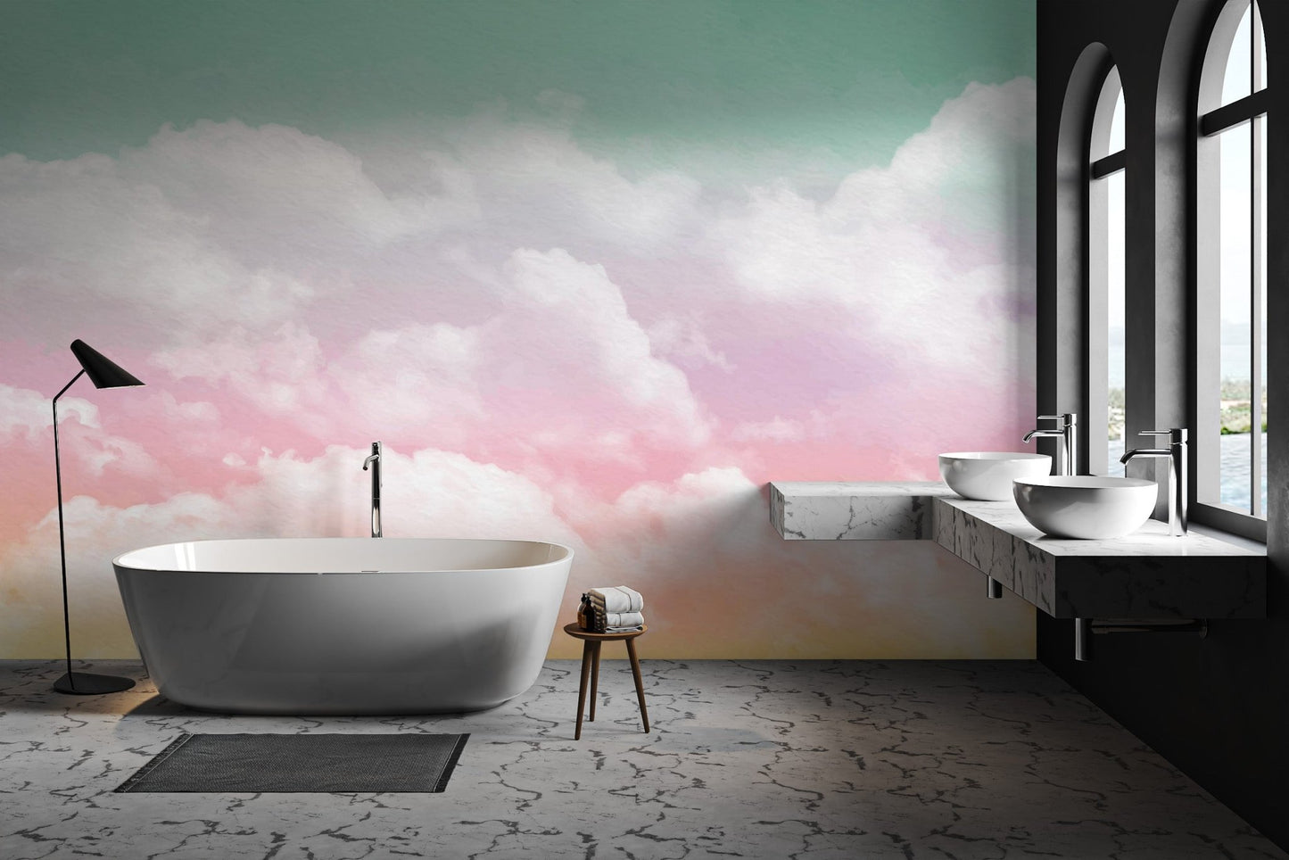 Vivid pastel sky wallpaper featuring soft pink and mint green gradients.