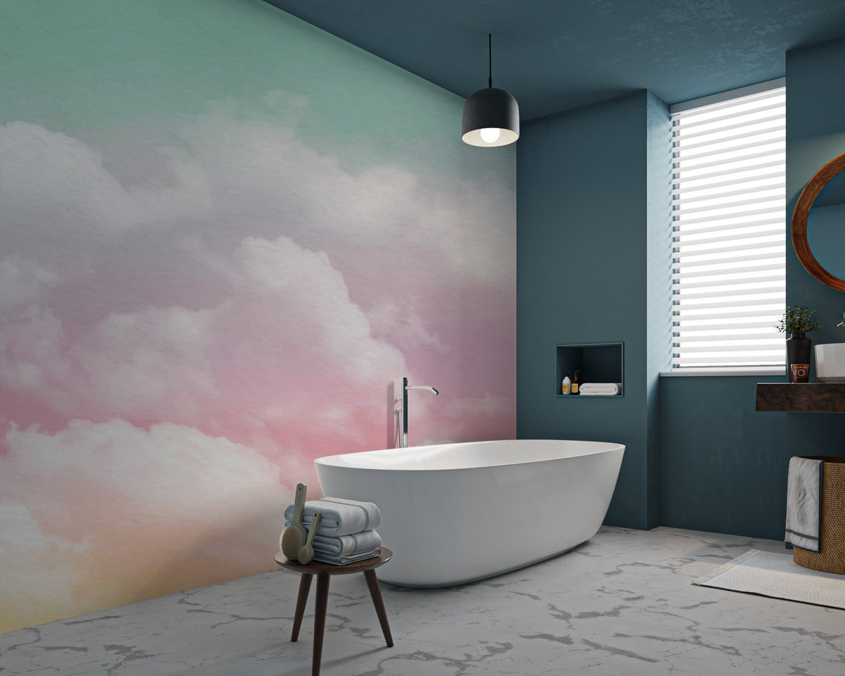 Colorful watercolor wallpaper with a blend of sunset hues and white mist.