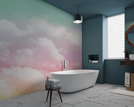 Colorful watercolor wallpaper with a blend of sunset hues and white mist.