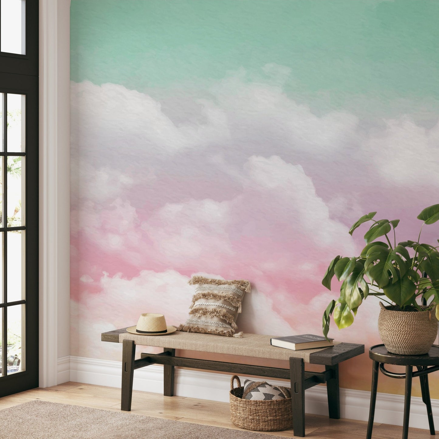 Pastel sky watercolor cloud wallpaper with pink and mint green tones.