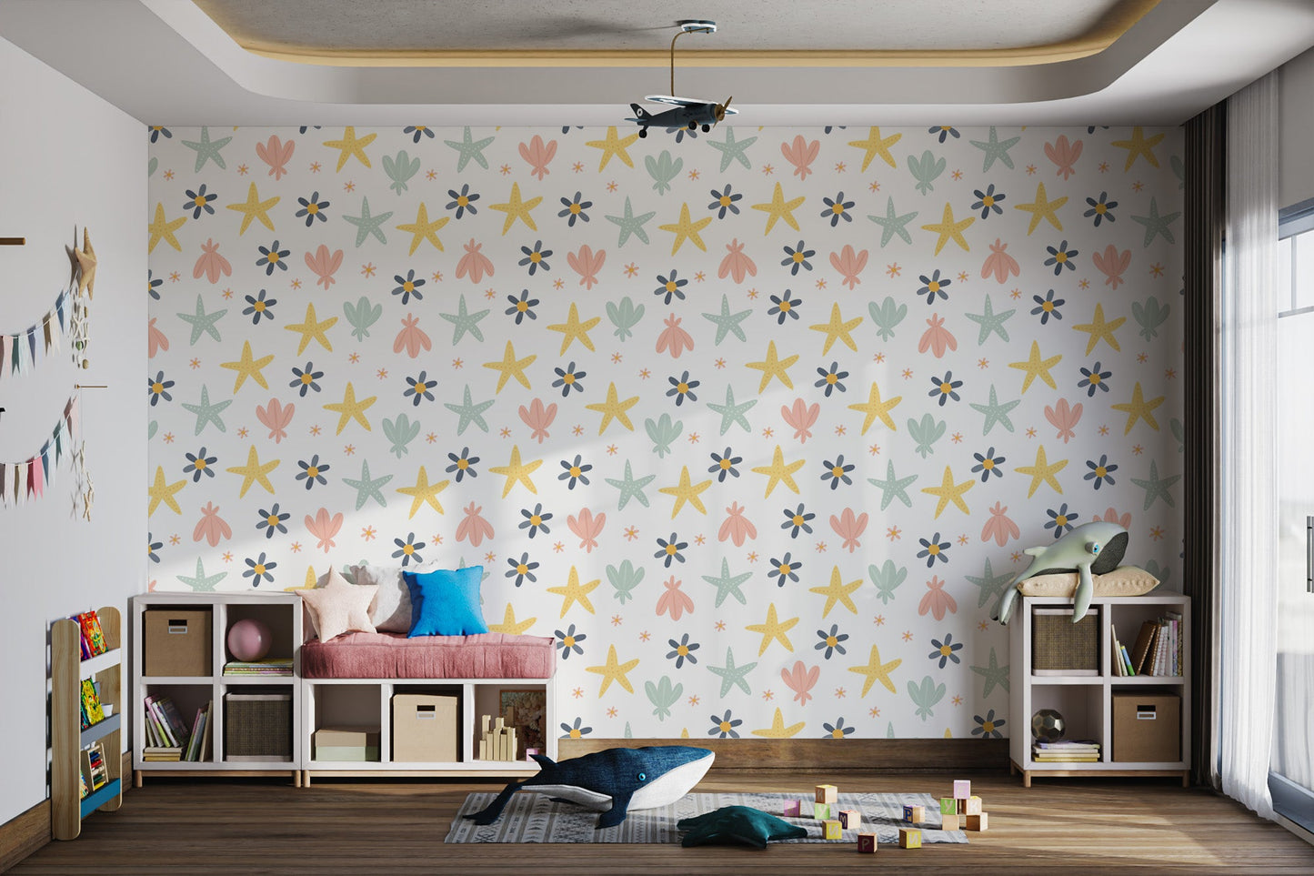 Coastal theme Pastel Starfish Wallpaper for playroom feature walls.