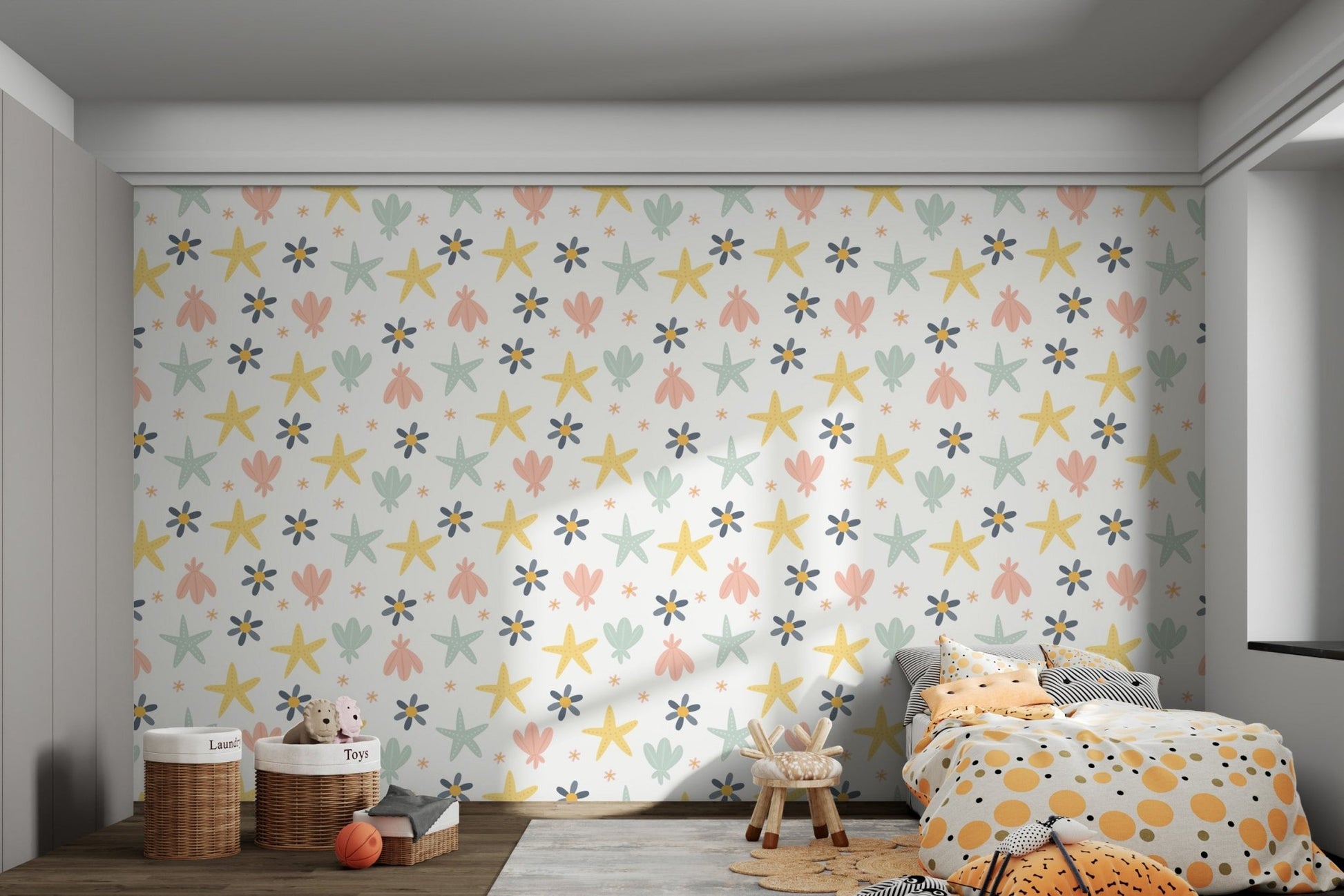 Children's bedroom wallpaper featuring pastel shells and starfish.