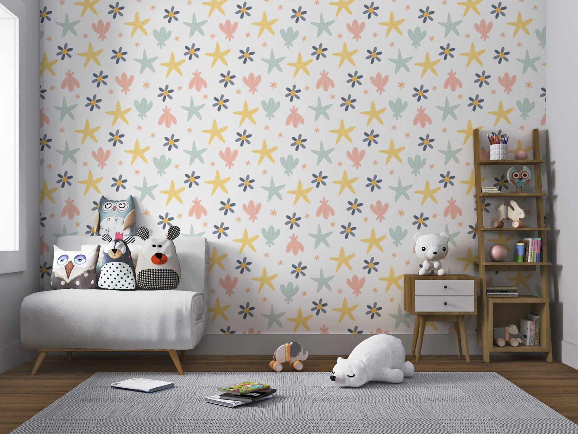 Floral and starfish pattern wallpaper for baby nursery interiors.
