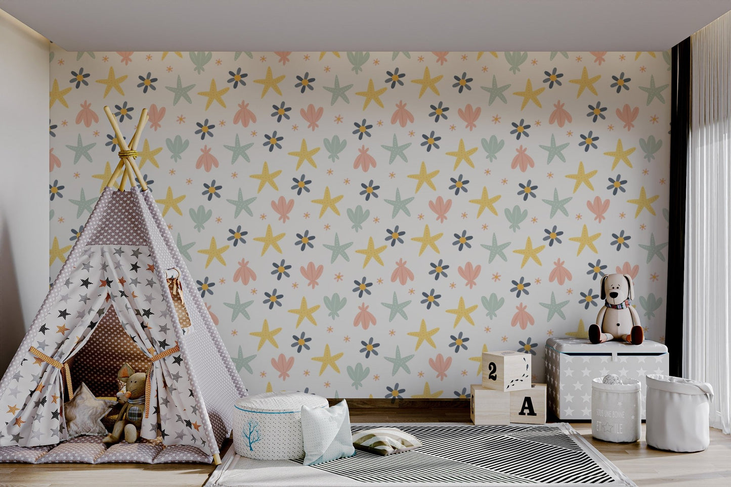 Pastel Starfish wallpaper for colorful toddler room interior.