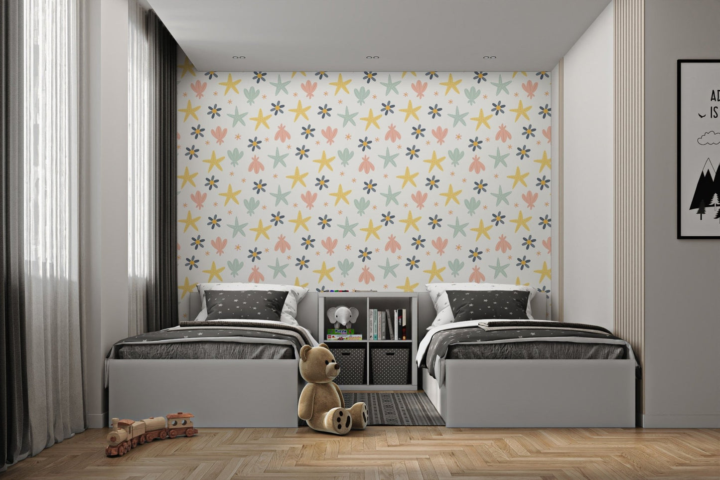 Yellow and pink starfish wallpaper for bright twin bedroom decoration.